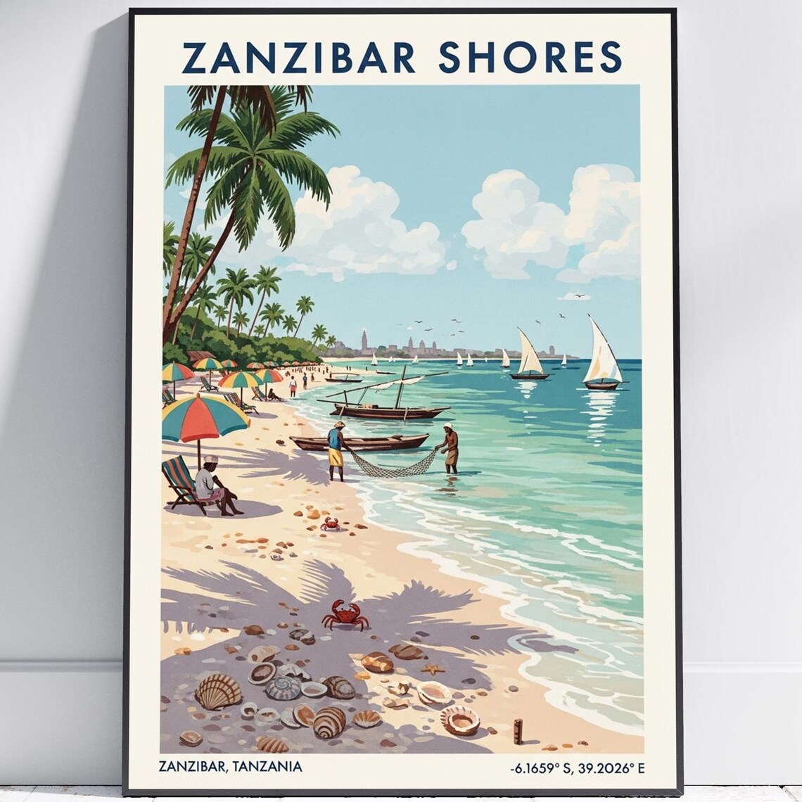 Zanzibar Shores Tanzania Beach Palm Trees Sailboats Vintage Travel Poster