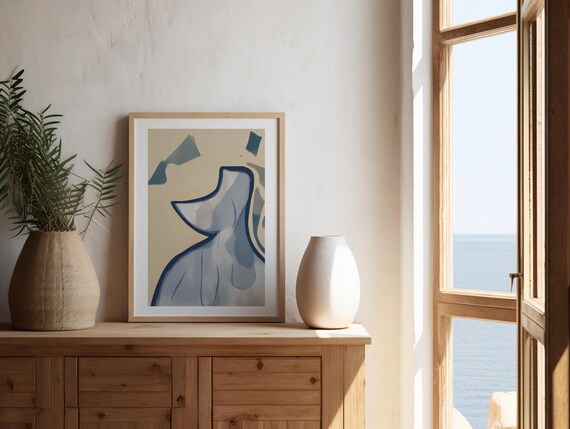 Abstract Blue Vase Figure Minimalist Beige Modern Art Poster