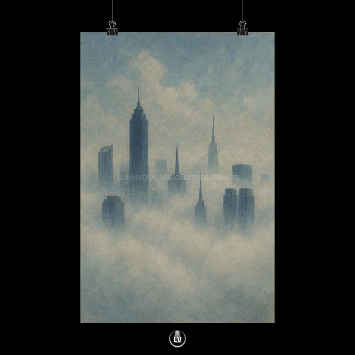 Misty Cityscape Poster, Abstract Skyline Art Print