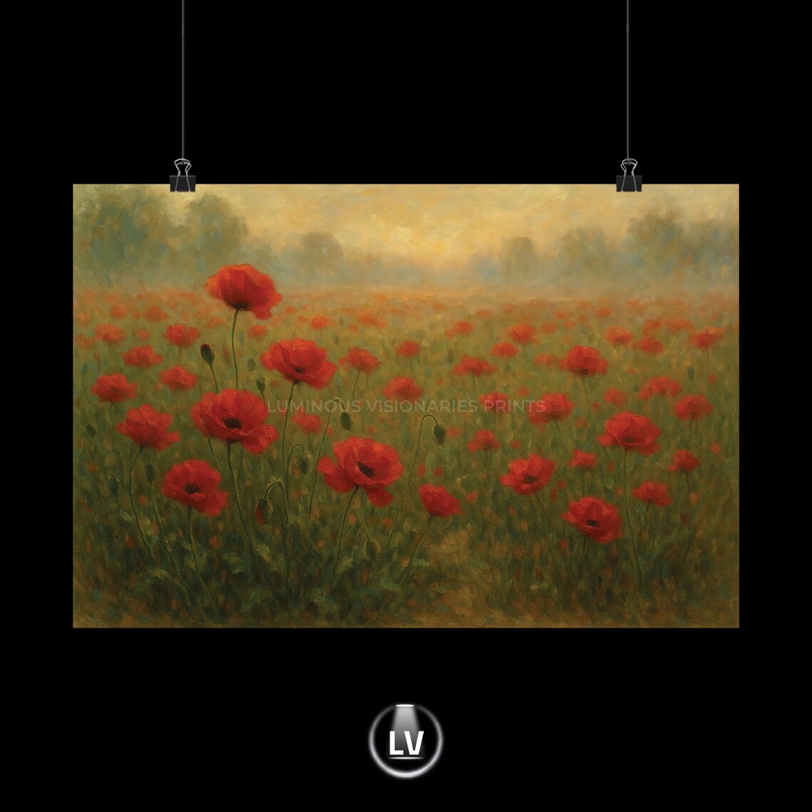 Red Poppy Flower Field at Dawn Impressionist Meadow Oil Painting Poster