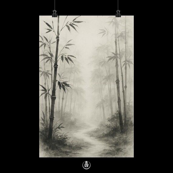 Misty Bamboo Forest Ink Wash Nature Asian Zen Decorative Wall Art