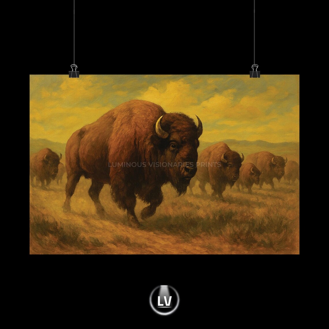 Bison Herd Charging Across Golden Prairie Vintage Painting Poster