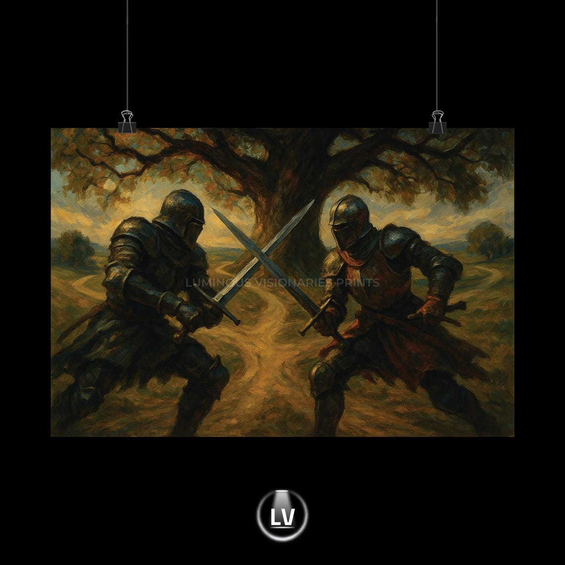 Knights Duel Under Ancient Oak Tree Golden Oil Painting Poster