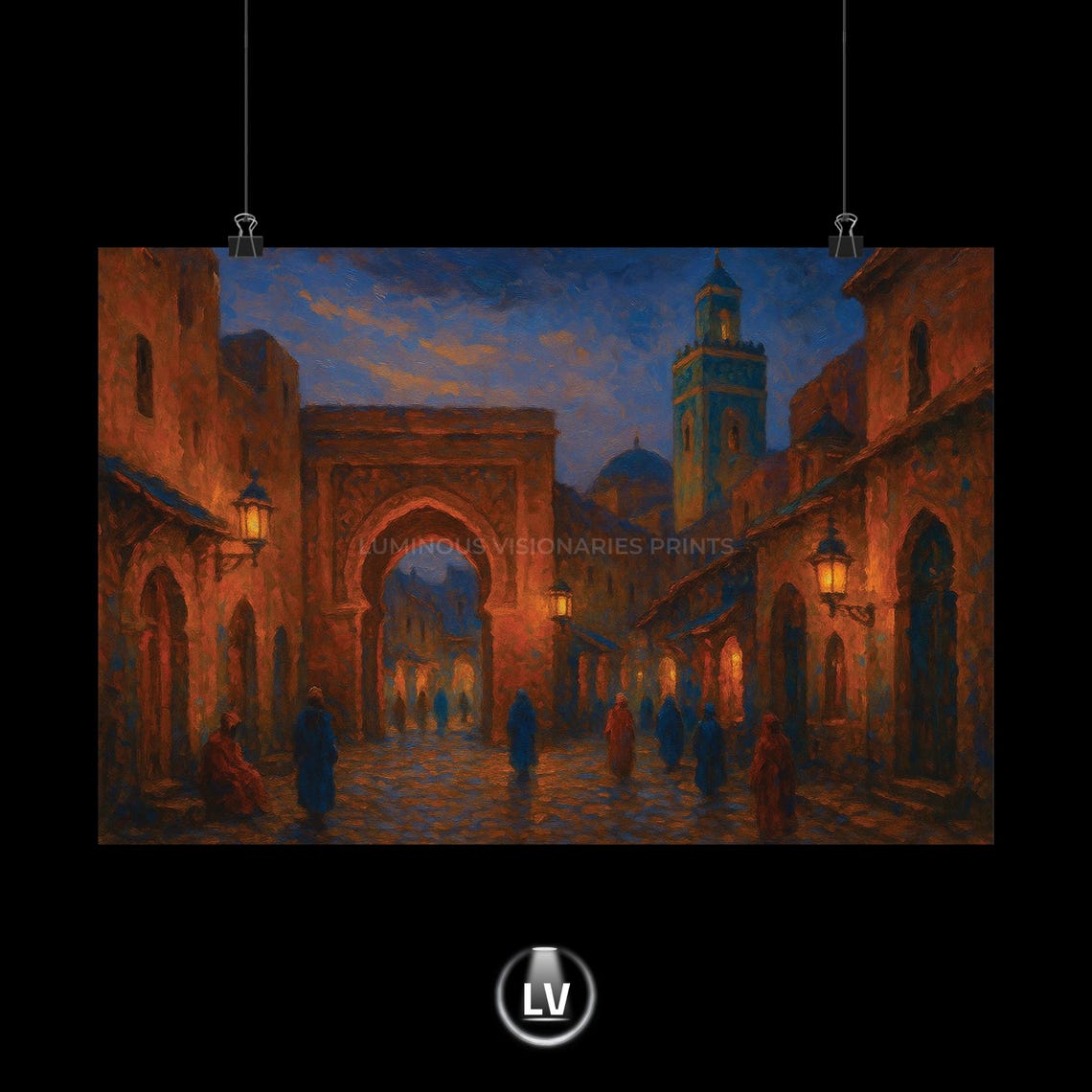 Moroccan Medina Night Archway Minaret Lanterns Oil Painting Poster