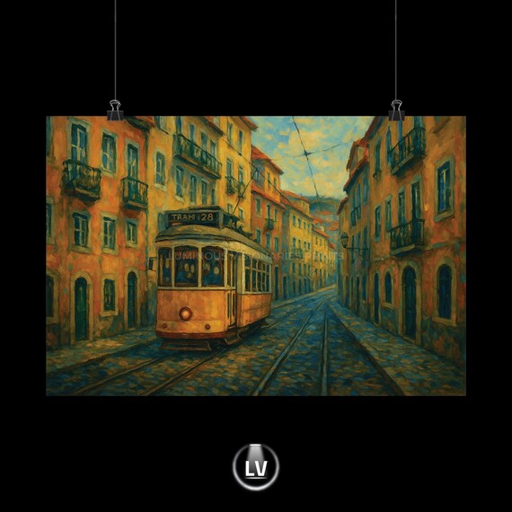 Lisbon Tram 28 Portugal Vintage Yellow Tram Oil Painting Poster