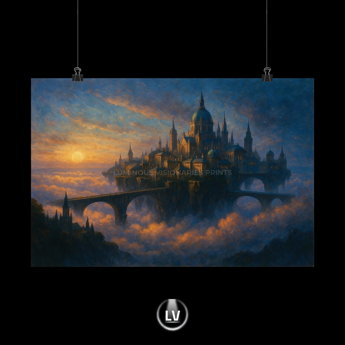 Enchanted Castle Above the Clouds Golden Sunset Fantasy Poster