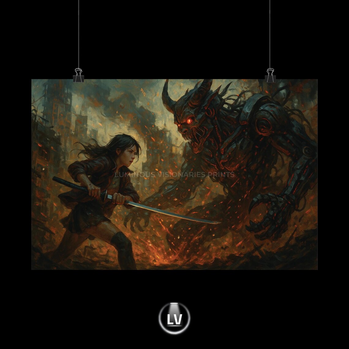 Girl With Katana Fighting Demon Epic Dark Fantasy Battle Poster
