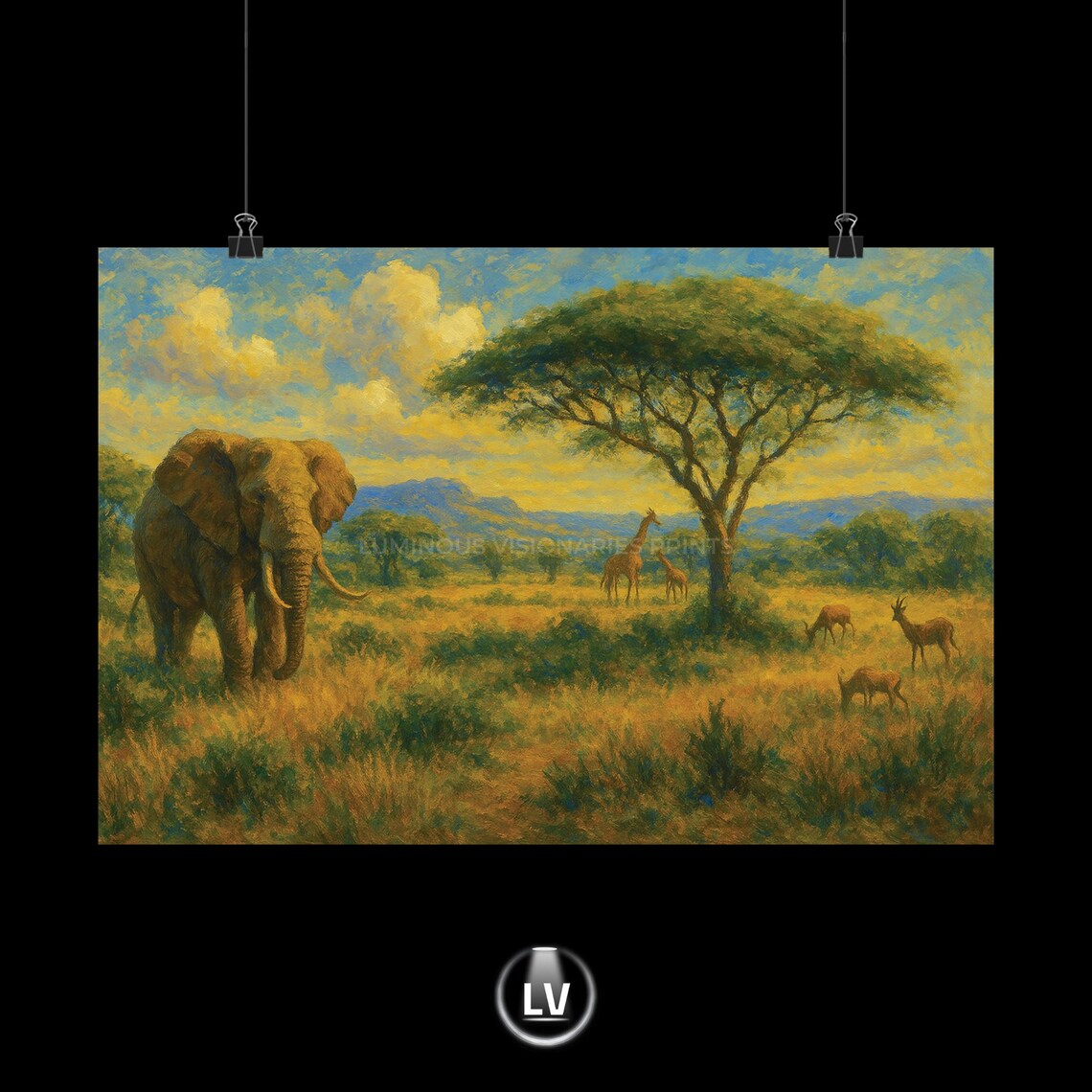 African Safari Elephant Giraffe Savanna Oil Painting Poster Wildlife Art