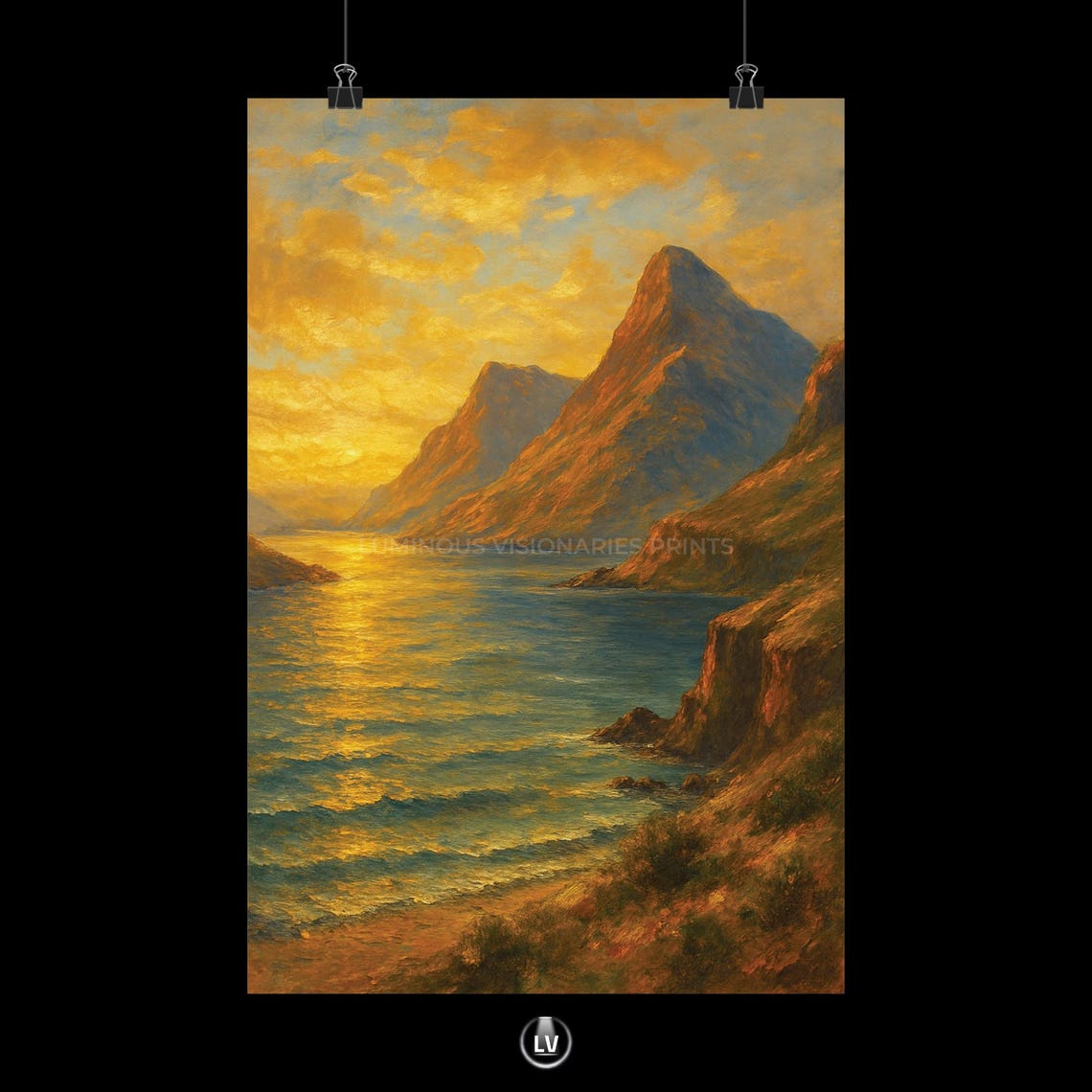 Golden Sunset Coastal Mountain Seascape Ocean Painting Wall Art