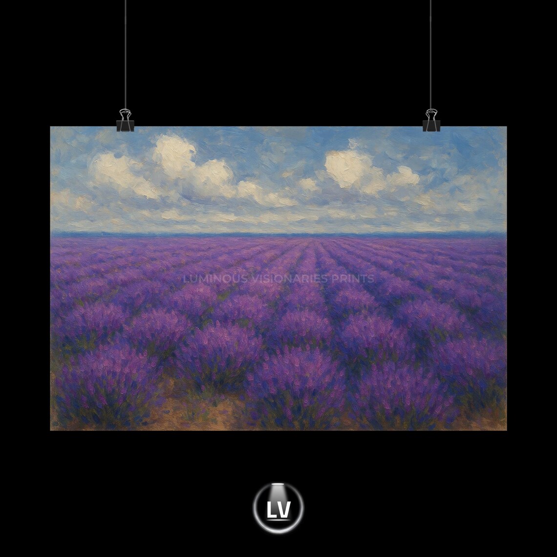 Endless Lavender Fields Under Blue Sky Purple Floral Oil Poster
