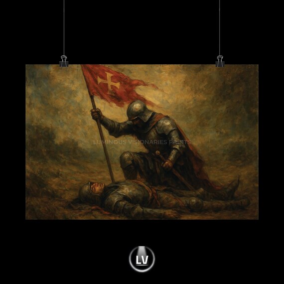 Crusader Knight With Red Banner Battlefield Oil Painting Poster