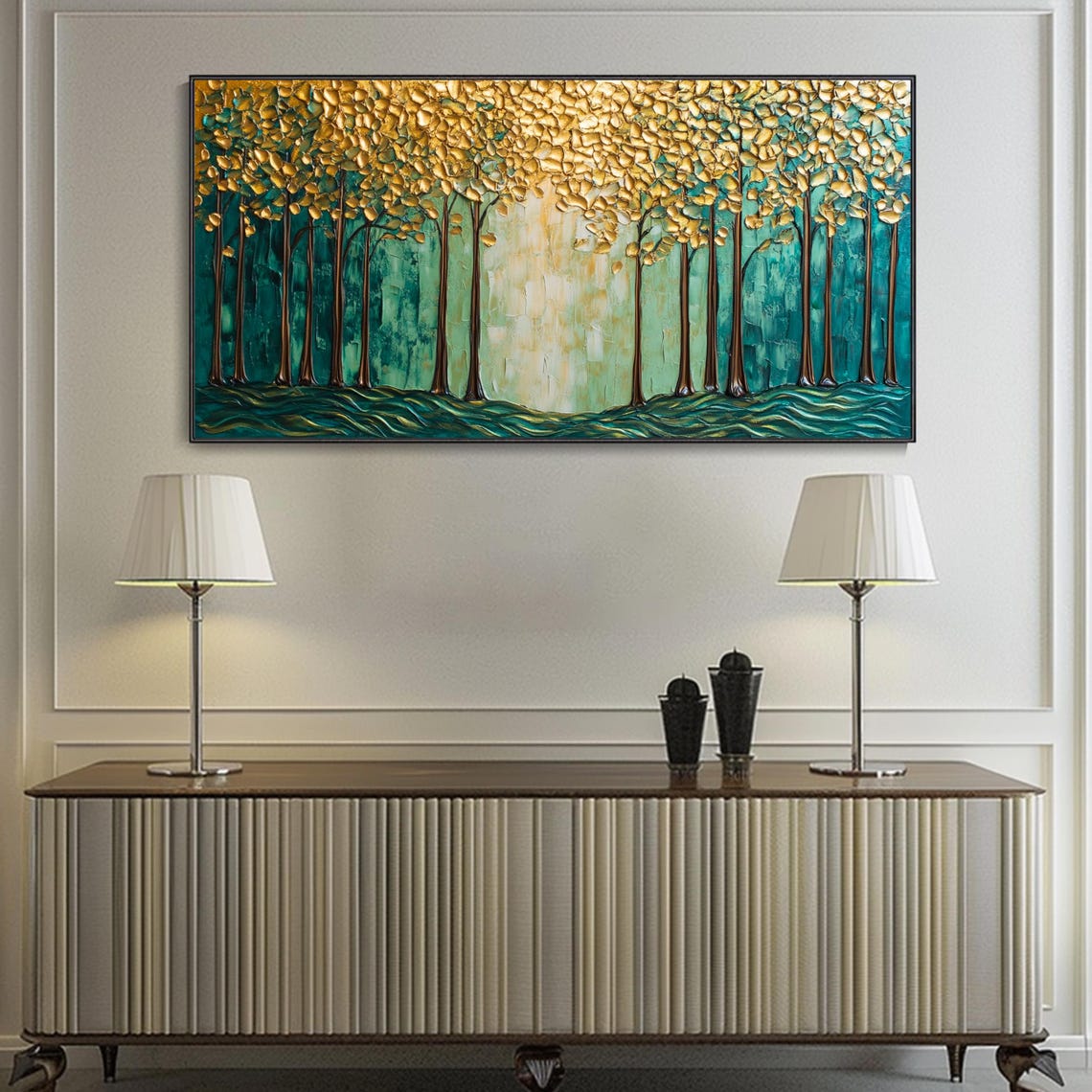 Golden Trees In Emerald Forest Gold Leaf Nature Painting Poster - Image 2