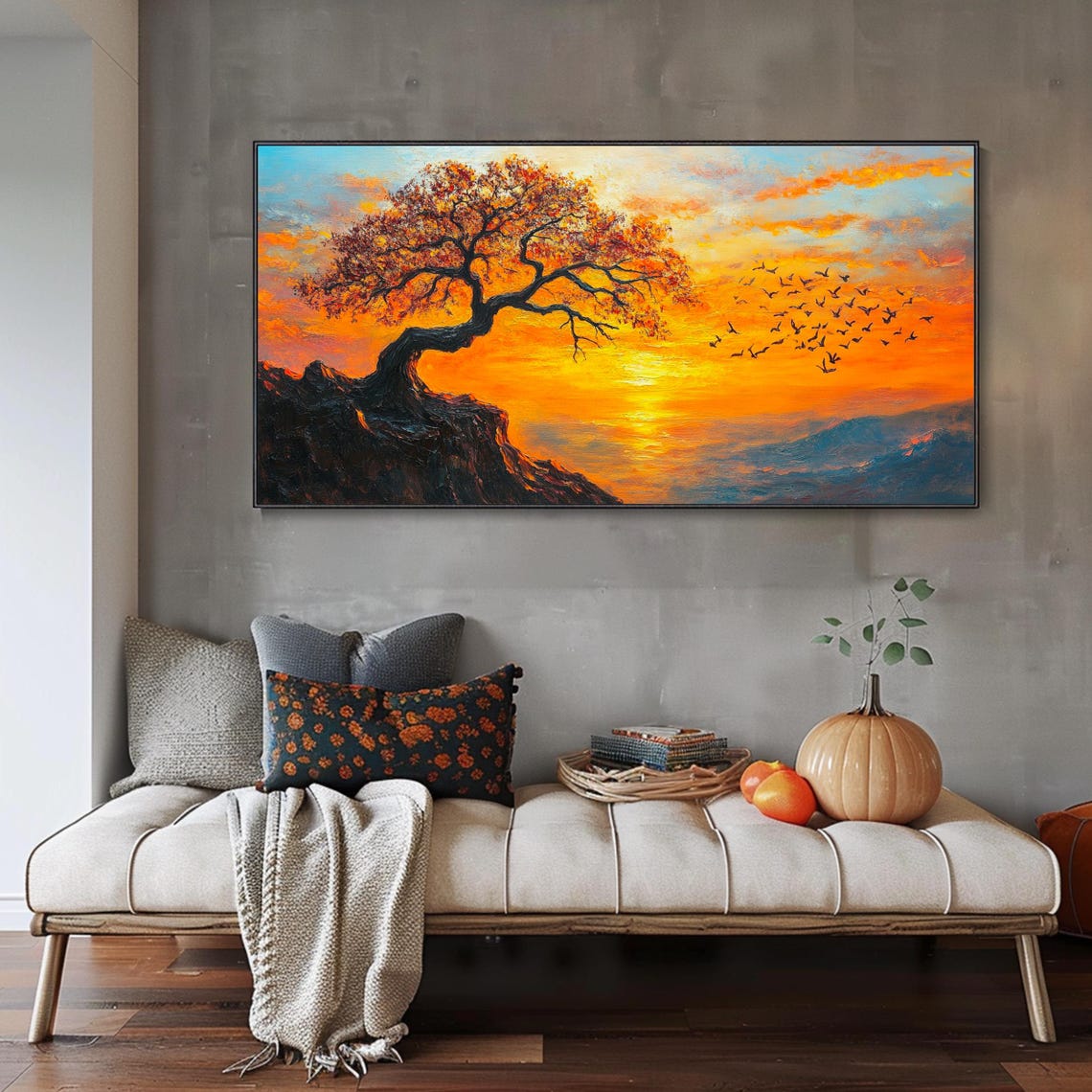 Fiery Ocean Sunset With Tree Silhouette And Flying Birds Poster - Image 3