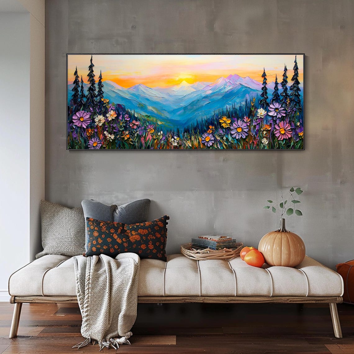 Golden Sunrise Mountain Valley Wildflower Meadow Landscape Poster - Image 2