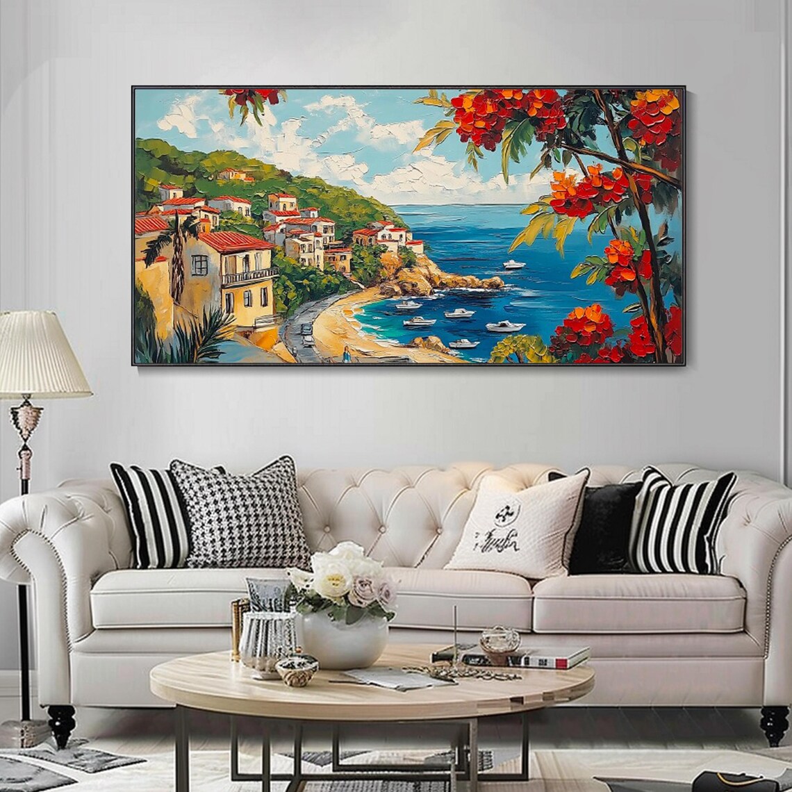 Abstract Mediterranean Landscape Decorative Painting Original Hand Painted Architectural Texture Art Living Room Wall Decor Red Tree - Image 4
