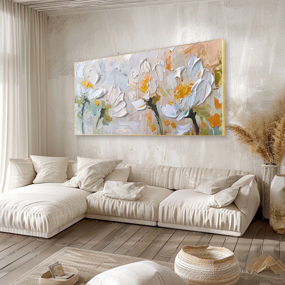 Art Of White Floral Textures Abstract Landscape Plant Oil Painting Original Hand Living Room Wall Decor Wabi Sabi Art Minimalist - Image 3
