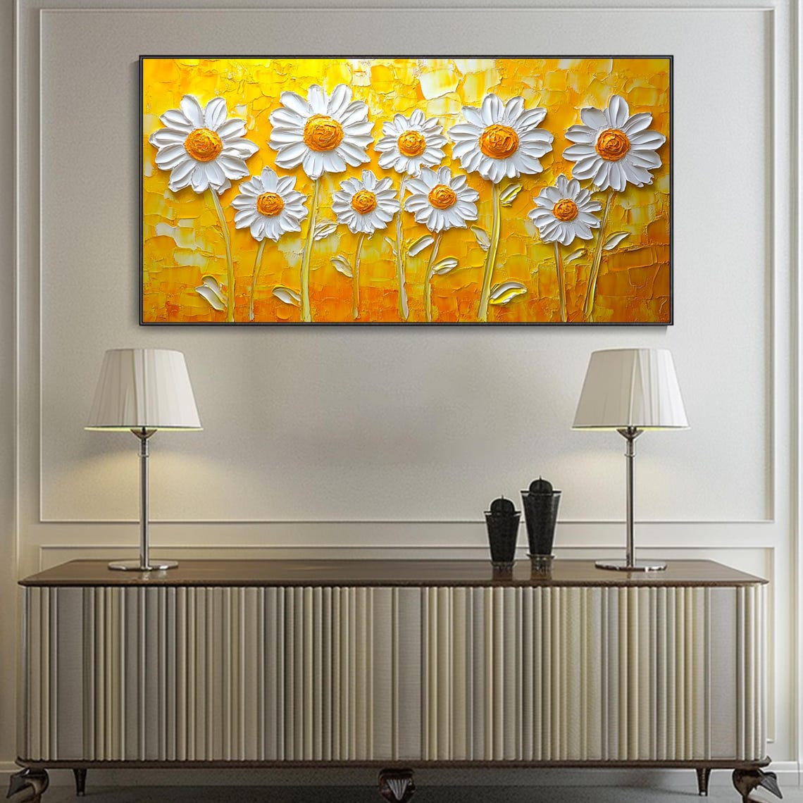 White Daisies On Golden Yellow Textured Floral Painting Poster - Image 3