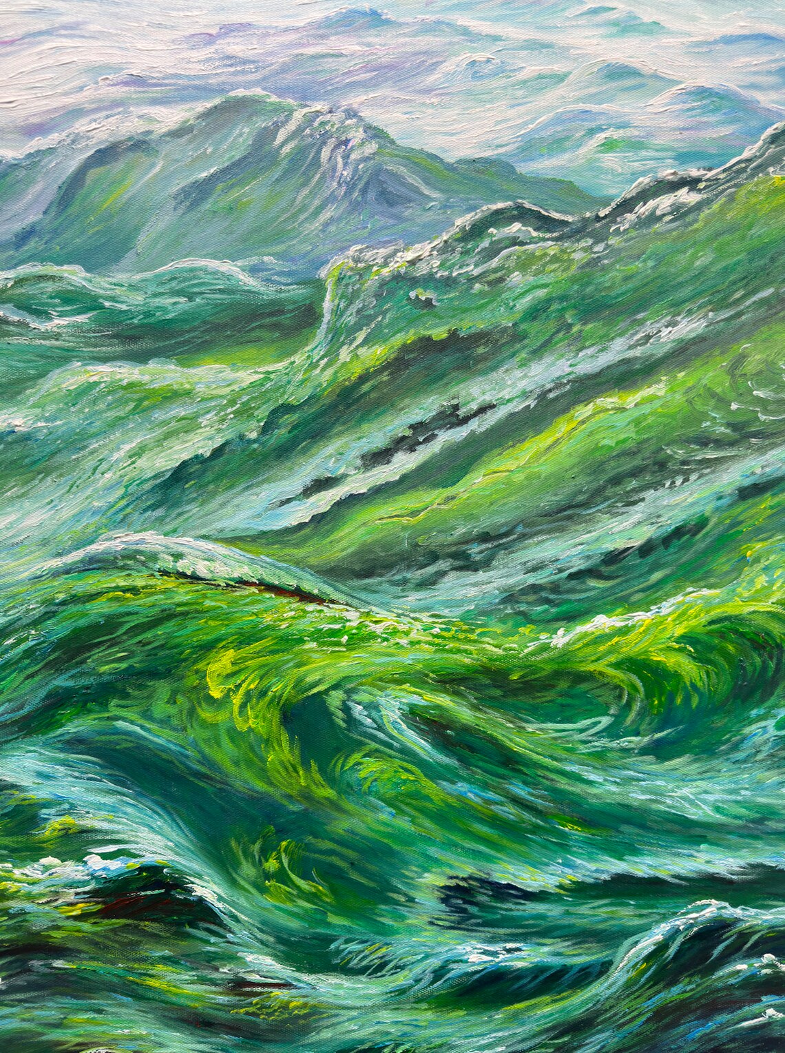 Emerald Ocean Waves Rolling Green Sea Textured Oil Painting Wall Art Poster - Image 2
