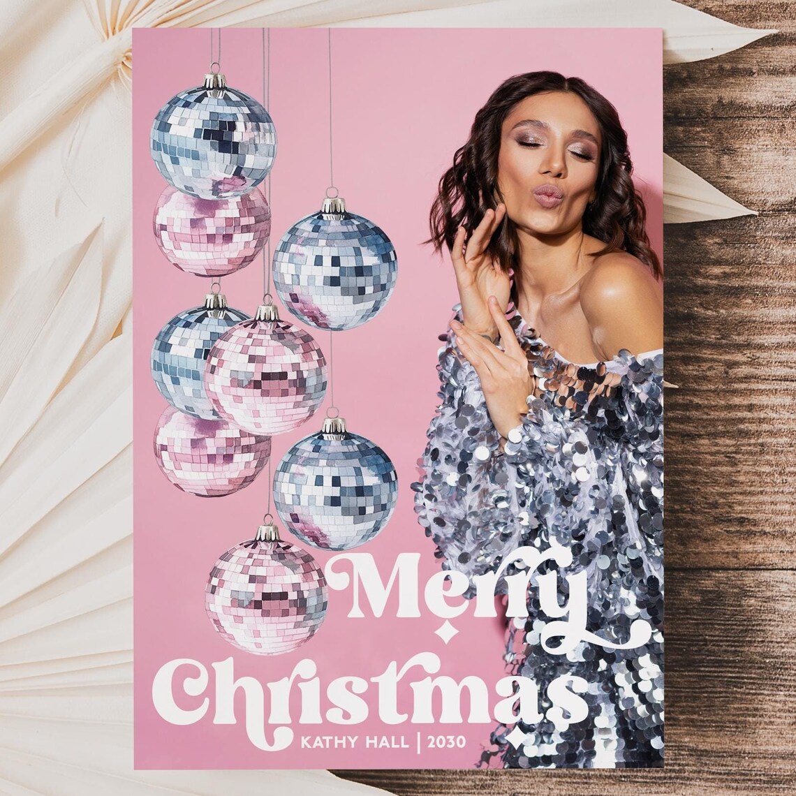 Christmas Photo Card Template Disco Ball Pink Editable Design Print