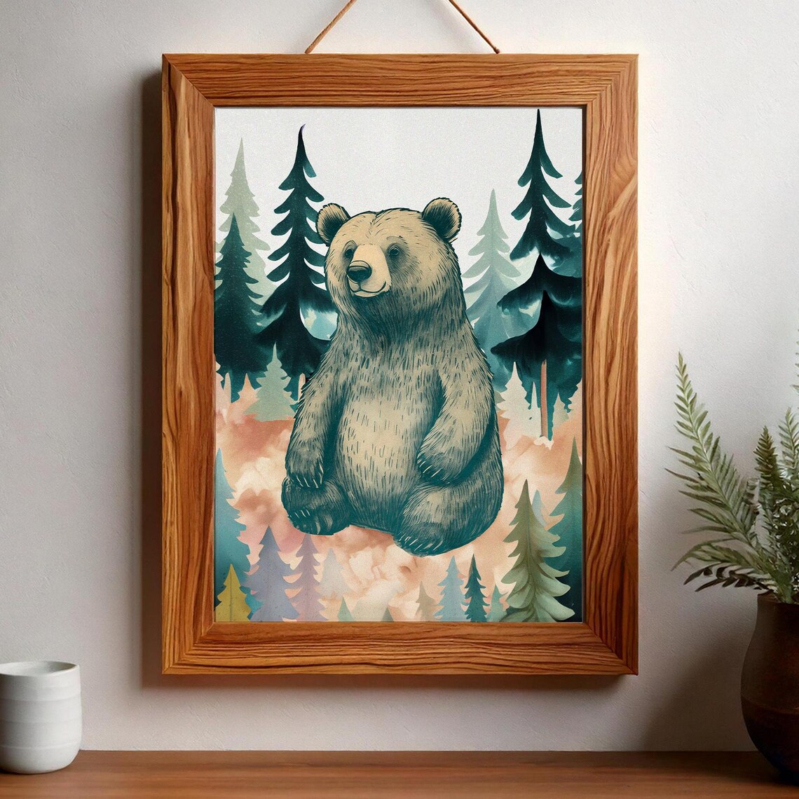 Pastel Forest Bear Sitting Among Pine Trees Nursery Art Poster