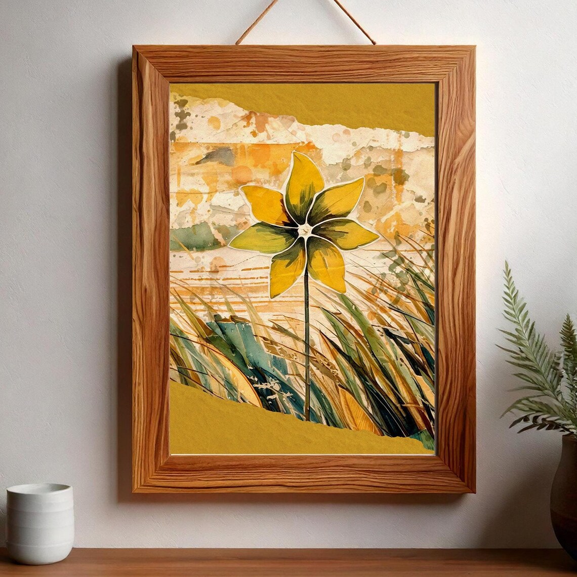 Yellow Flower Mixed Media Collage Watercolor Botanical Art Poster