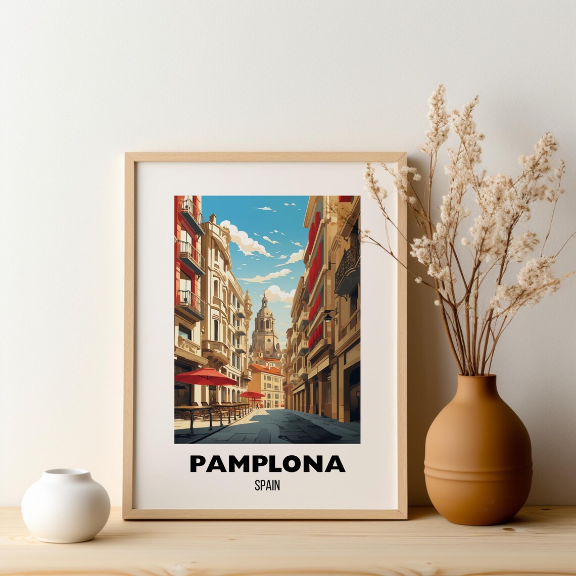 Pamplona Spain Sunny Old Town Street Cathedral Travel Poster - Image 2
