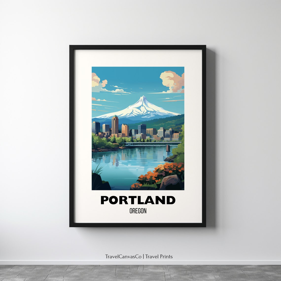 Portland Oregon Mount Hood Skyline River Bridge Travel Poster