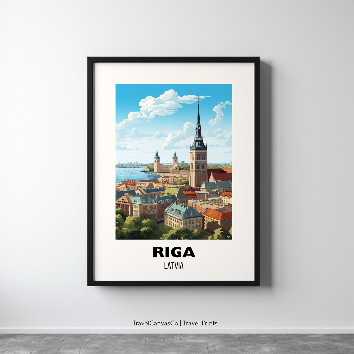 Riga Latvia Old Town Spires River Skyline Vintage Travel Poster