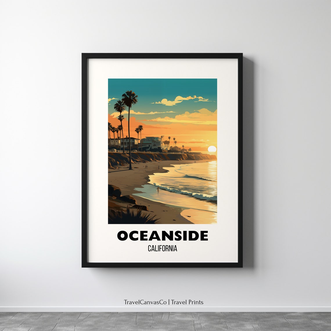 Oceanside California Beach Sunset Palm Trees Ocean Travel Poster