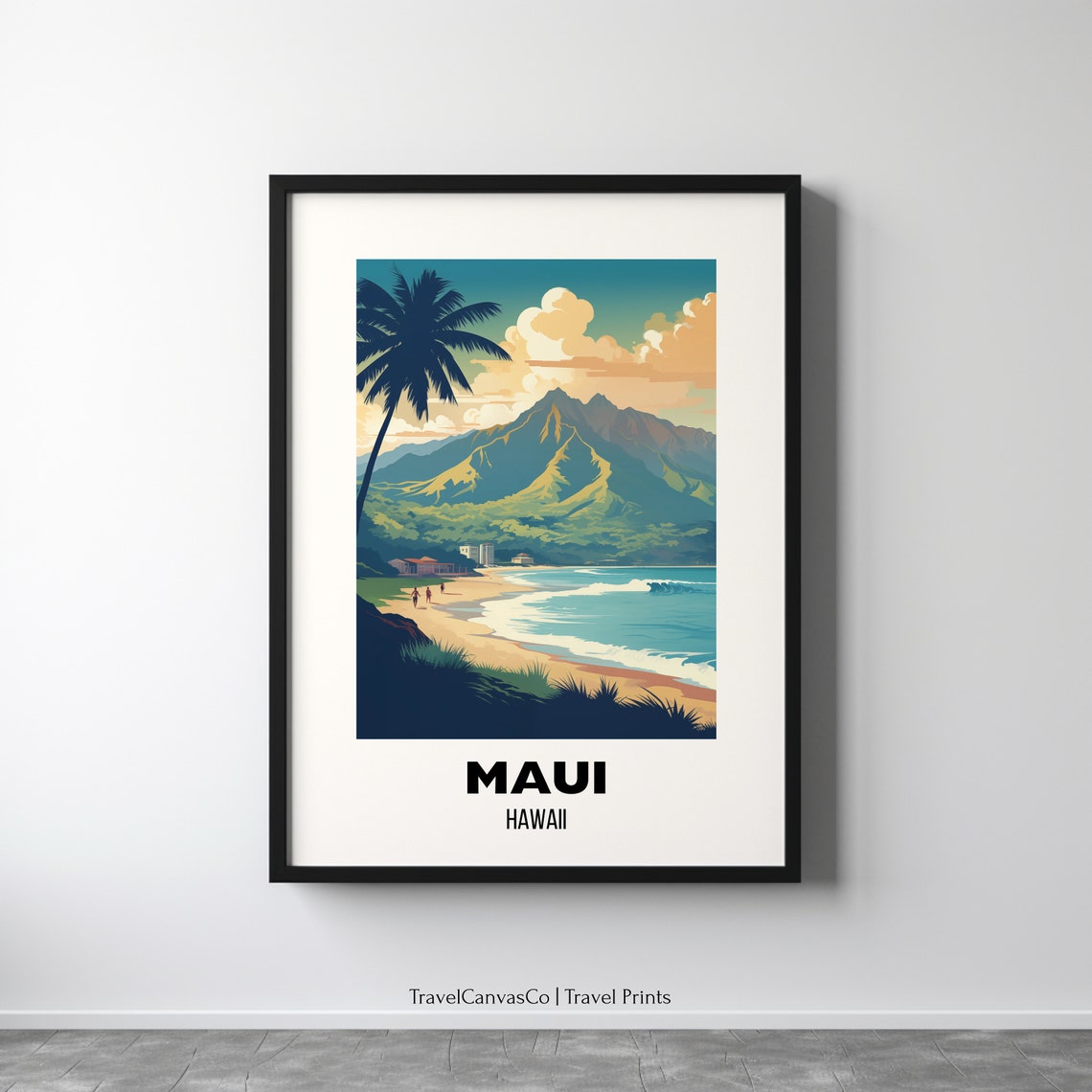Maui Hawaii Palm Tree Beach Mountain Sunset Vintage Travel Poster