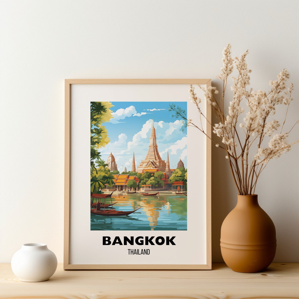 Bangkok Thailand Wat Arun Riverside Longtail Boats Travel Poster - Image 2