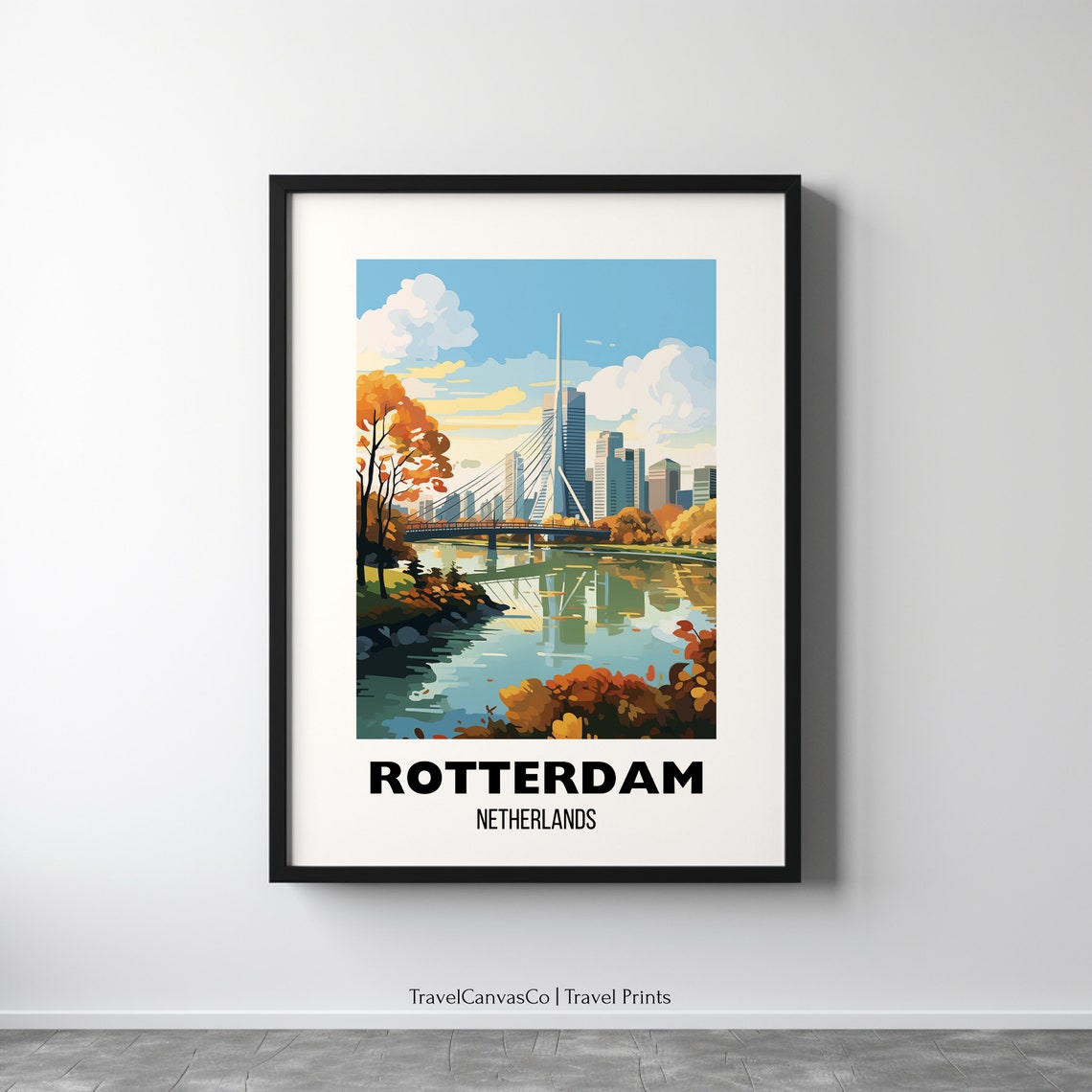 Rotterdam Netherlands Autumn Skyline Bridge River Travel Poster