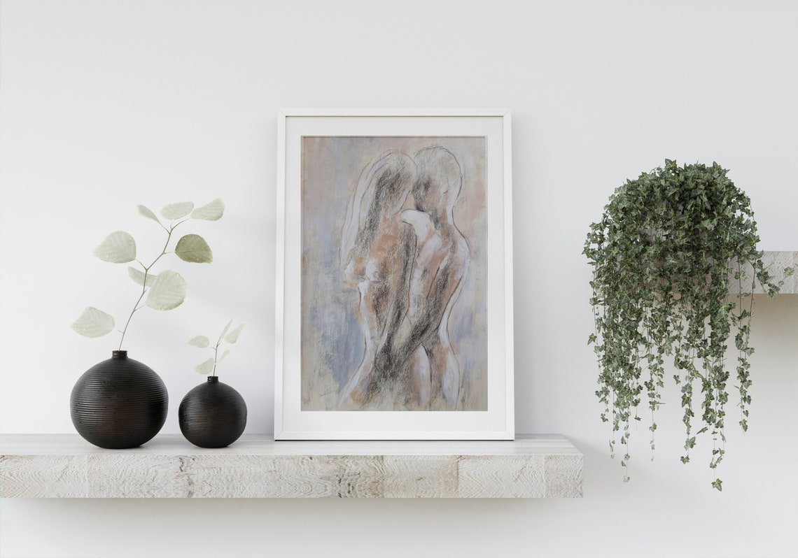 Abstract Nude Couple in a Tender Embrace Figure Study Art Poster - Image 2