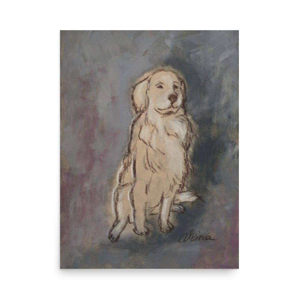 Seated Golden Retriever Puppy in Soft Oil Painting Art Poster - Image 3