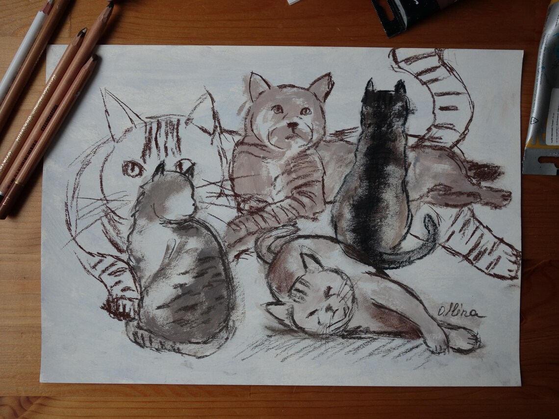 Five Cats Lounging Sketch Poster Sepia Ink Cat Group Artwork - Image 3