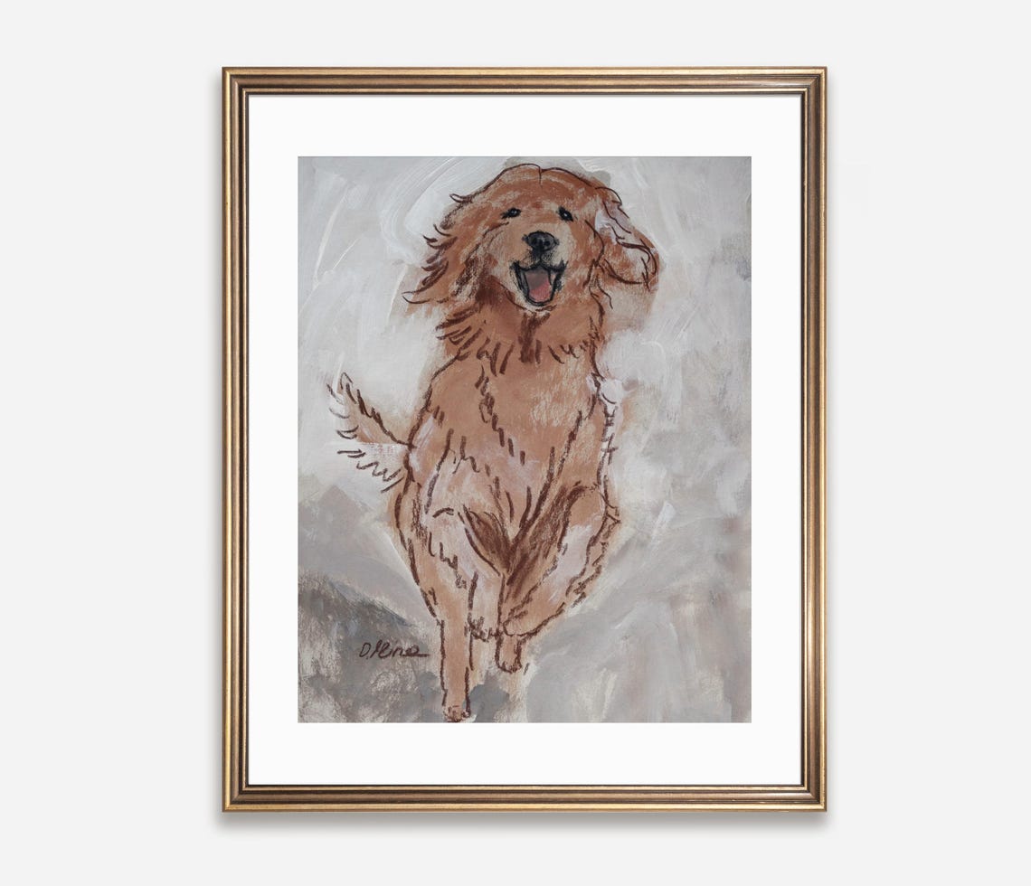 Joyful Leaping Golden Retriever Watercolor Sketch Art Poster