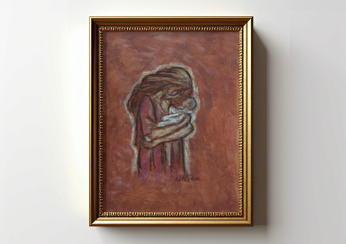 Mother Holding Baby Tender Painting Poster Warm Embrace Family Art