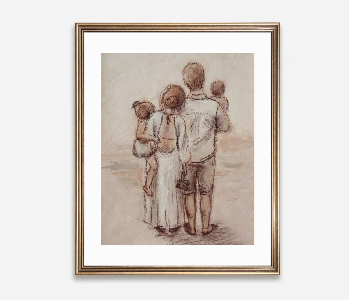 Family of Four Walking Away Parents Carrying Kids Sketch Poster - Image 2