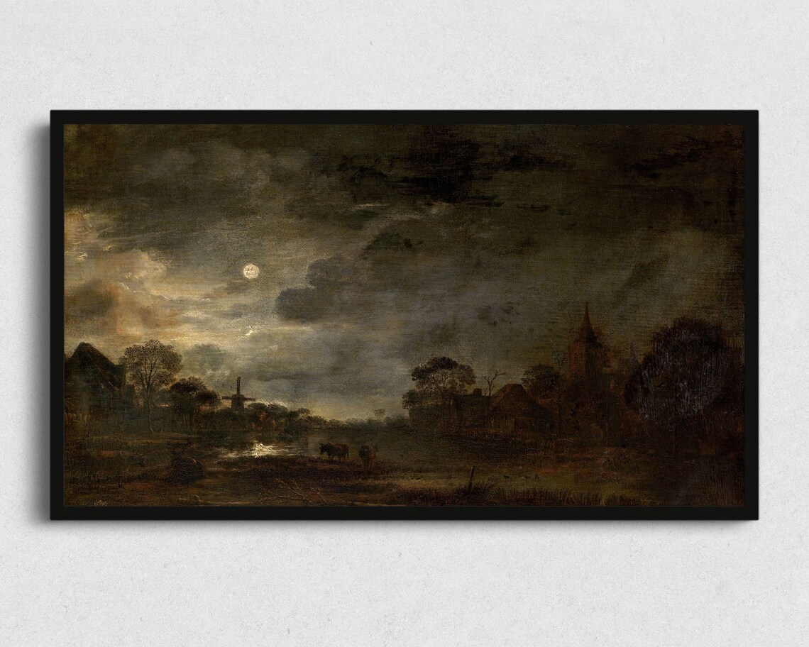 Halloween Full Moon Over Farm, Fall Landscape Art Print - Image 2