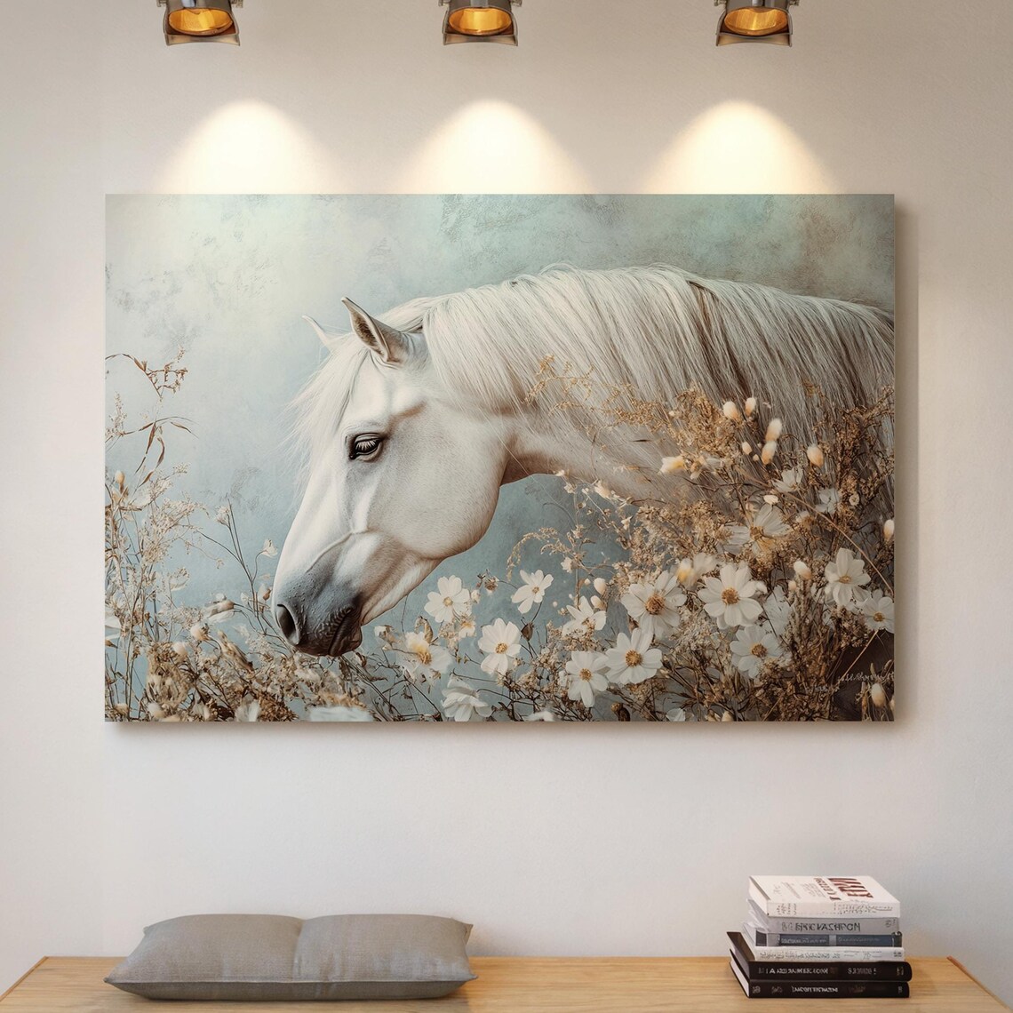 White Horse In Wildflower Meadow, Rustic Art Print