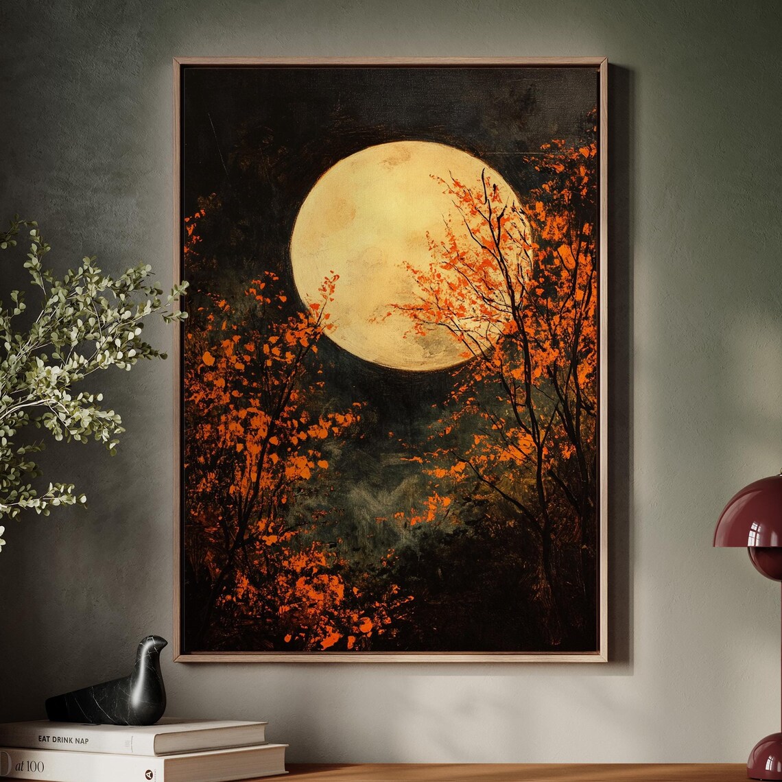 Full Moon With Autumn Trees, Rustic Seasonal Art Print