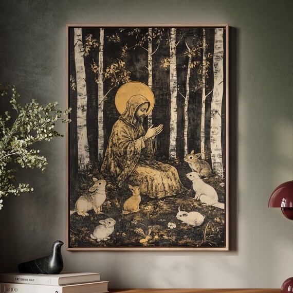 Woodland Monk Praying Among Rabbits In Golden Birch Forest Wall Art