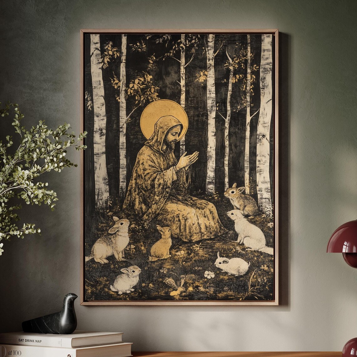 Woodland Monk Praying Among Rabbits In Golden Birch Forest Wall Art