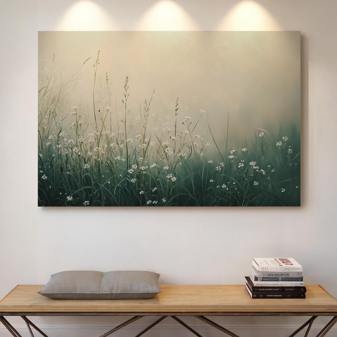 Misty Wildflower Meadow Tall Grasses Ethereal Green Field Wall Art