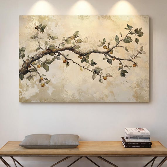 Rustic Lemon Branch Canvas Vintage Botanical Wall Art Neutral Fruit Painting Farmhouse Kitchen Decor Elegant Nature Artwork