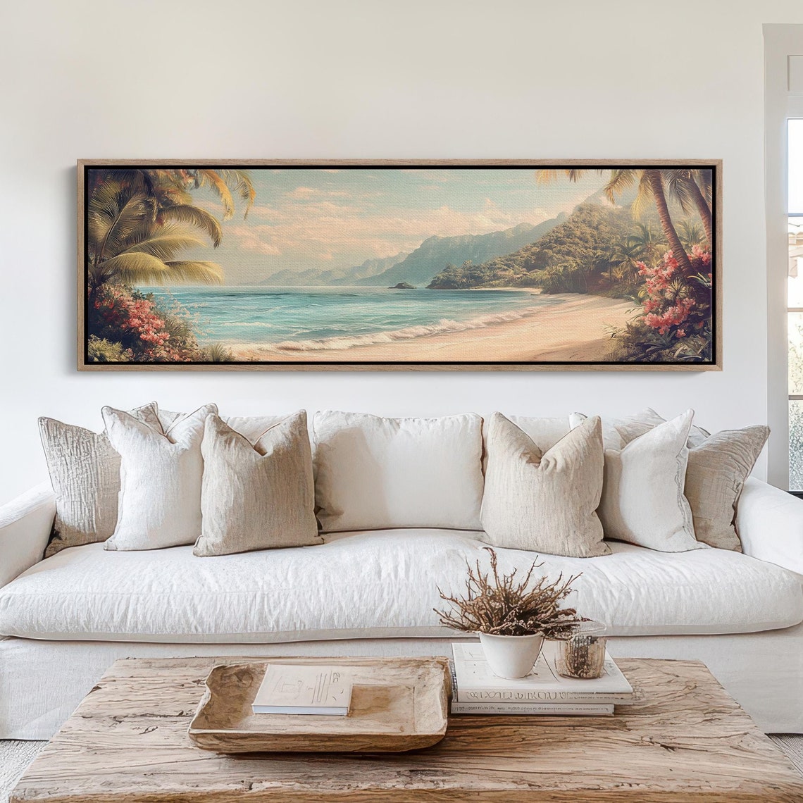 Tropical Beach Art Vintage Coastal Landscape Print Palm Trees Ocean Wall Decor Island Paradise Panoramic Painting