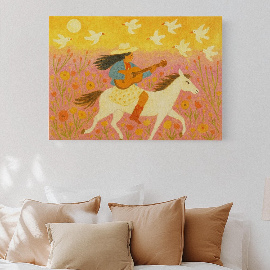 Cowgirl Playing Guitar On White Horse In Pink Wildflower Meadow Poster