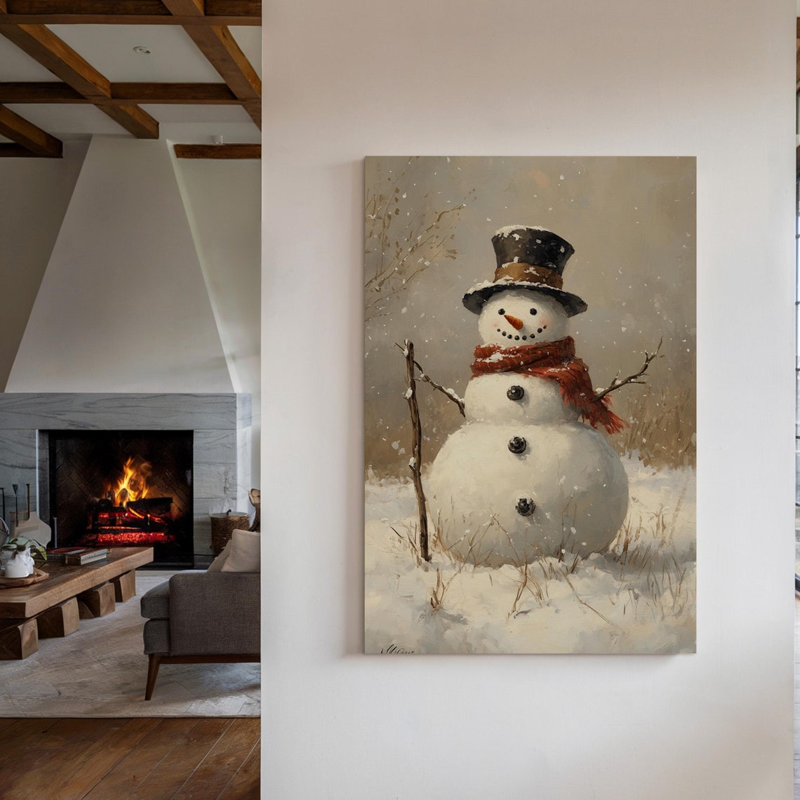 Smiling Snowman In Red Scarf And Top Hat Snowy Field Christmas Poster
