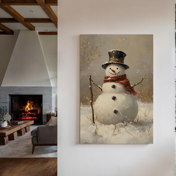 Smiling Snowman In Red Scarf And Top Hat Snowy Field Christmas Poster