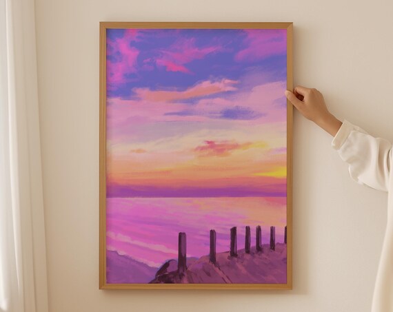Dreamy Pink Sunset Coastal Pier Painting Ocean View Art Poster